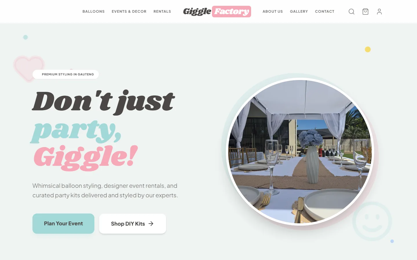 The earlier Giggle Factory site: an online shop with a cart, a customer login and a Shop DIY Kits button, around the same cabana photo